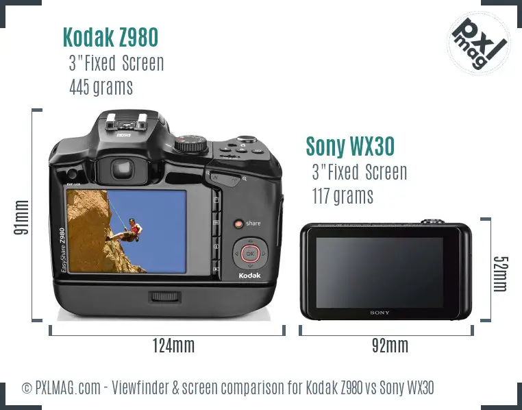 Kodak Z980 vs Sony WX30 Screen and Viewfinder comparison