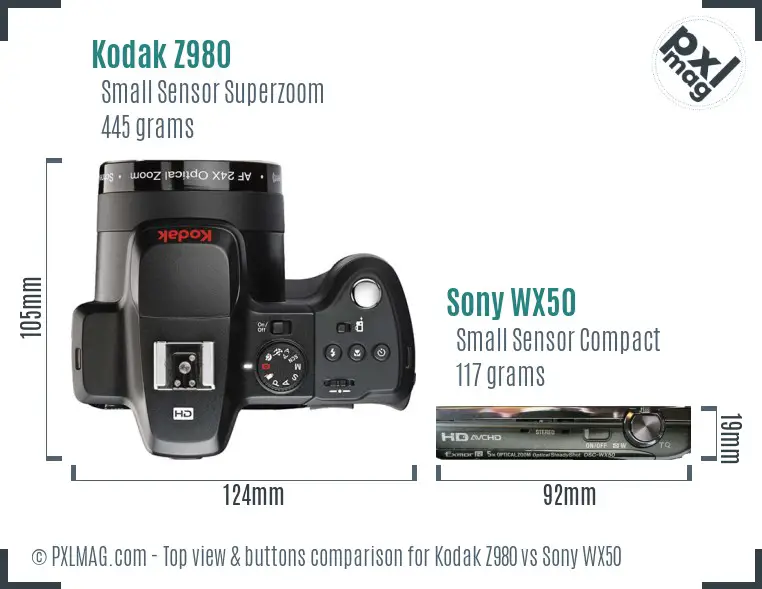 Kodak Z980 vs Sony WX50 top view buttons comparison