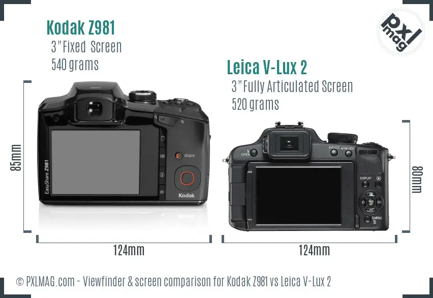 Kodak Z981 vs Leica V-Lux 2 Screen and Viewfinder comparison
