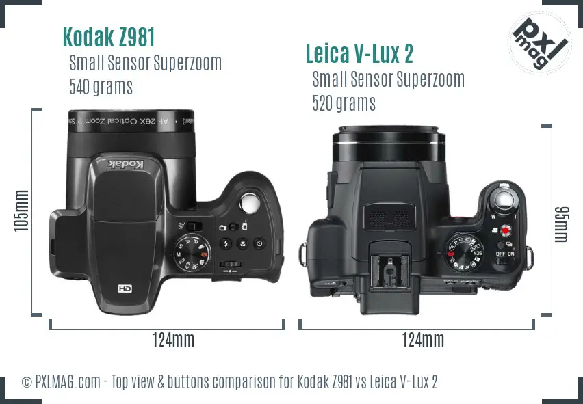 Kodak Z981 vs Leica V-Lux 2 top view buttons comparison