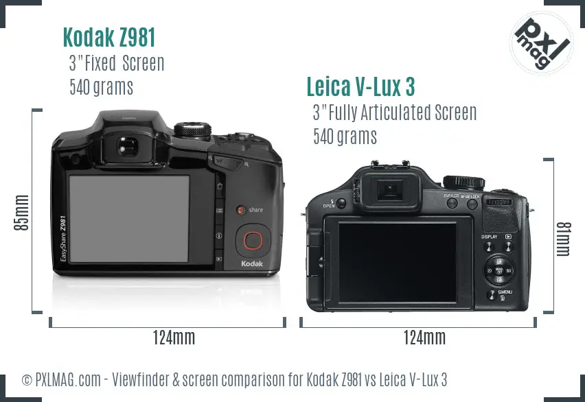 Kodak Z981 vs Leica V-Lux 3 Screen and Viewfinder comparison