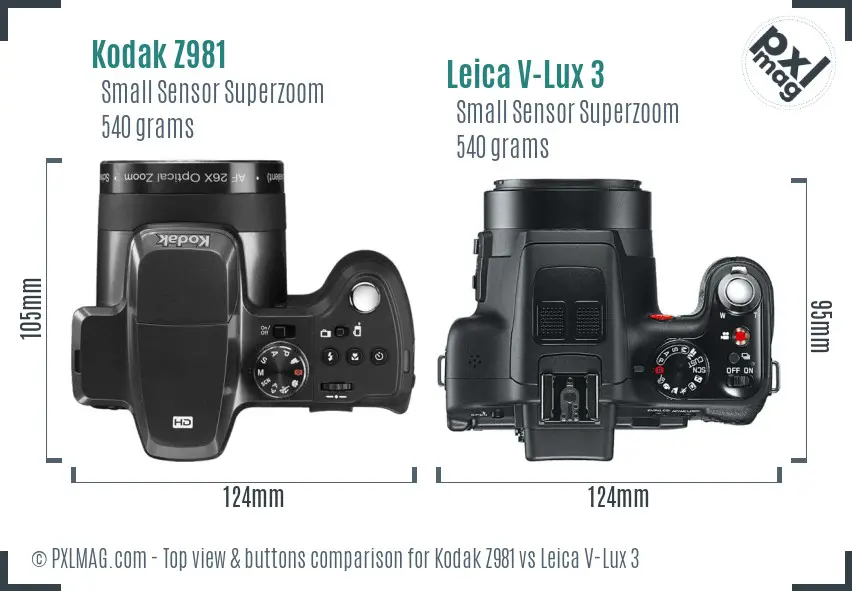 Kodak Z981 vs Leica V-Lux 3 top view buttons comparison