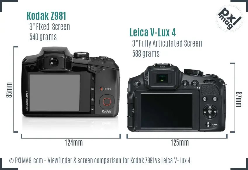 Kodak Z981 vs Leica V-Lux 4 Screen and Viewfinder comparison