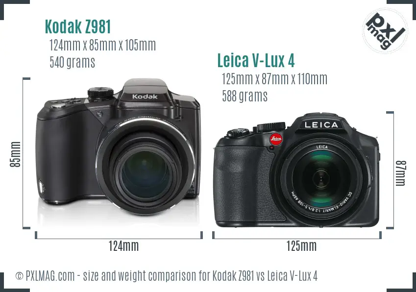 Kodak Z981 vs Leica V-Lux 4 size comparison