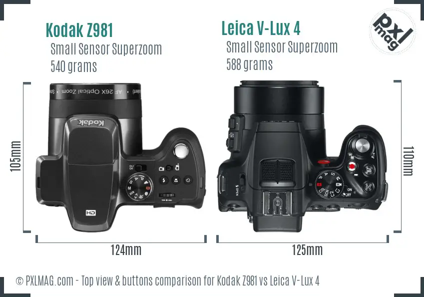 Kodak Z981 vs Leica V-Lux 4 top view buttons comparison