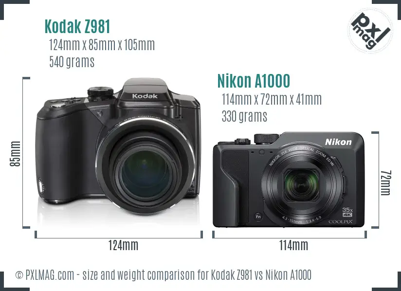 Kodak Z981 vs Nikon A1000 size comparison