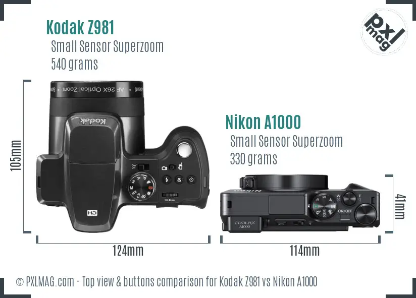 Kodak Z981 vs Nikon A1000 top view buttons comparison