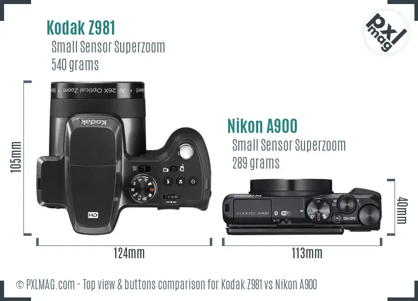 Kodak Z981 vs Nikon A900 top view buttons comparison