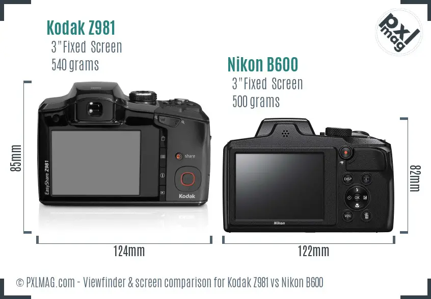 Kodak Z981 vs Nikon B600 Screen and Viewfinder comparison
