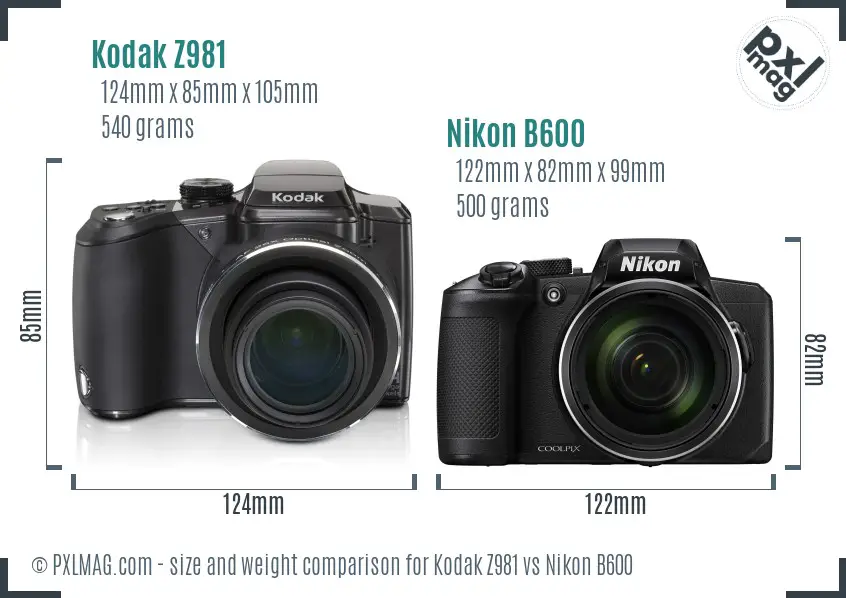 Kodak Z981 vs Nikon B600 size comparison