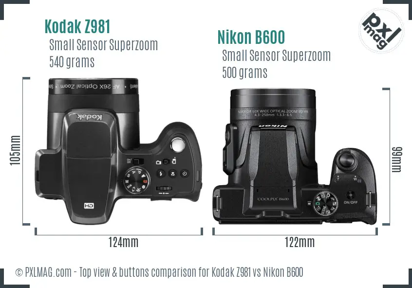 Kodak Z981 vs Nikon B600 top view buttons comparison