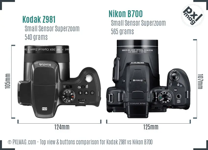 Kodak Z981 vs Nikon B700 top view buttons comparison