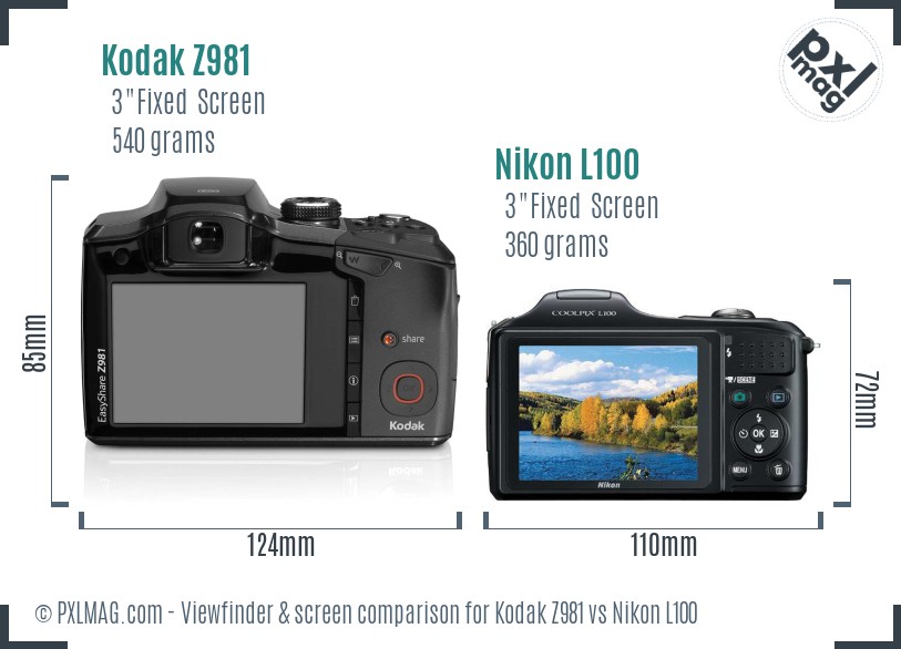Kodak Z981 vs Nikon L100 Screen and Viewfinder comparison