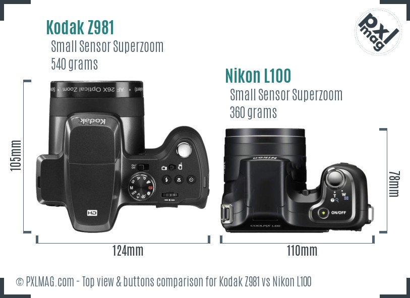 Kodak Z981 vs Nikon L100 top view buttons comparison