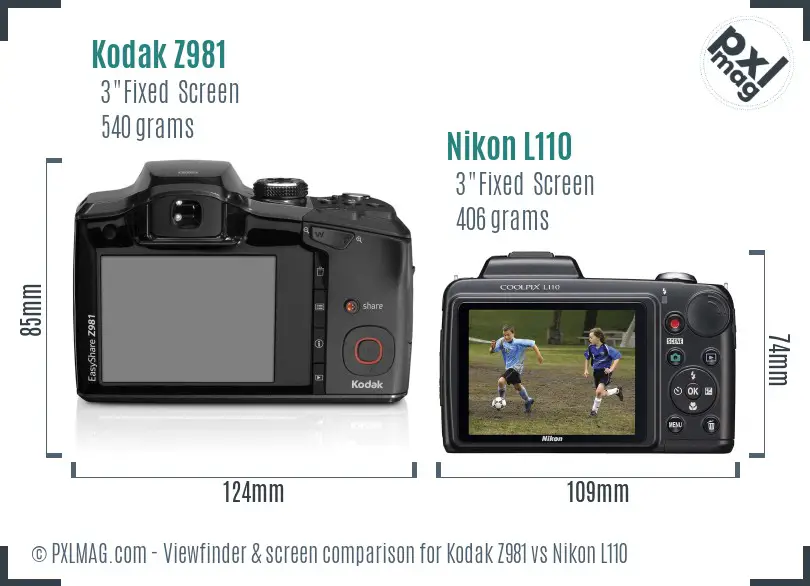 Kodak Z981 vs Nikon L110 Screen and Viewfinder comparison