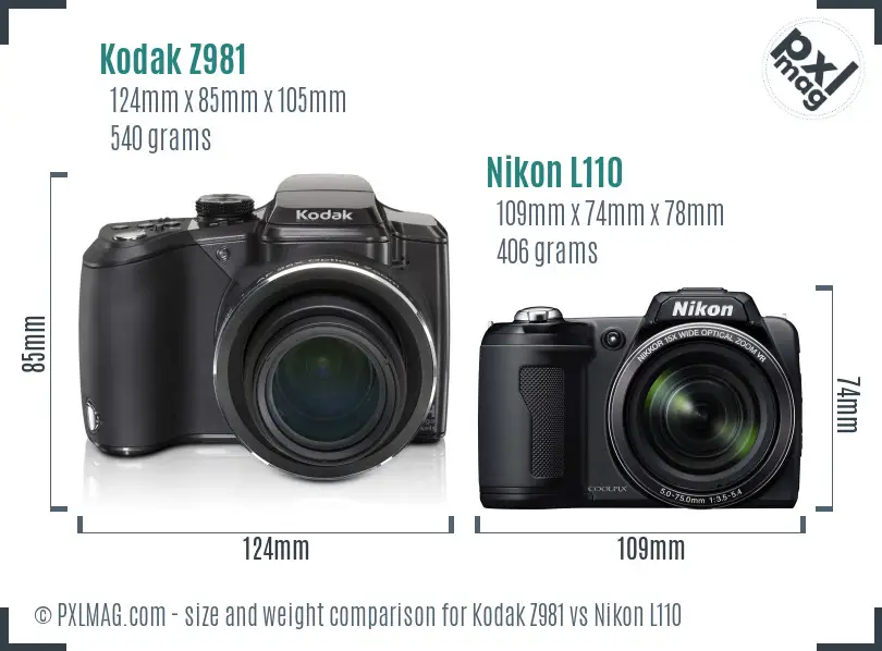 Kodak Z981 vs Nikon L110 size comparison