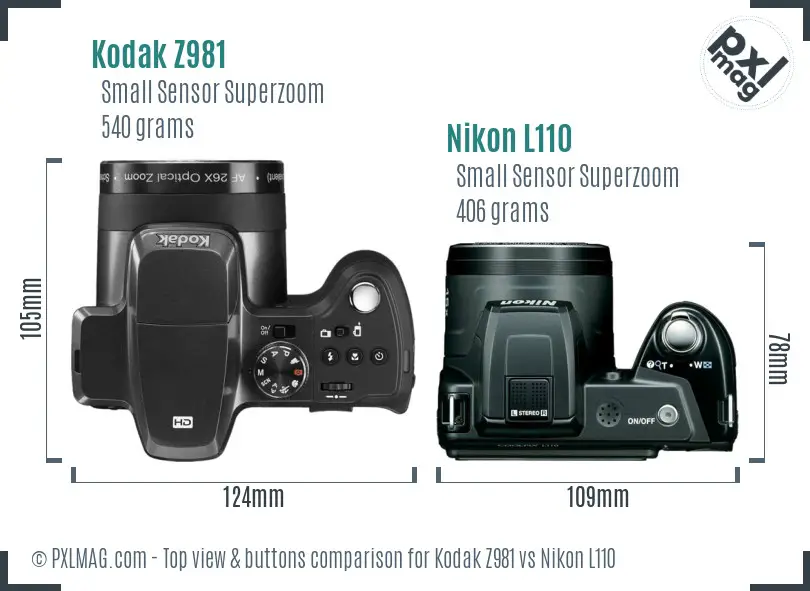 Kodak Z981 vs Nikon L110 top view buttons comparison