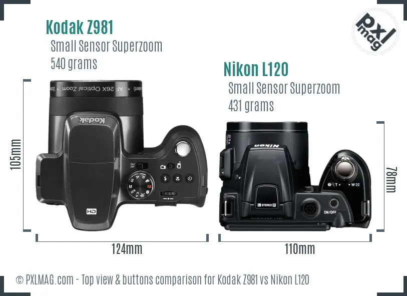Kodak Z981 vs Nikon L120 top view buttons comparison