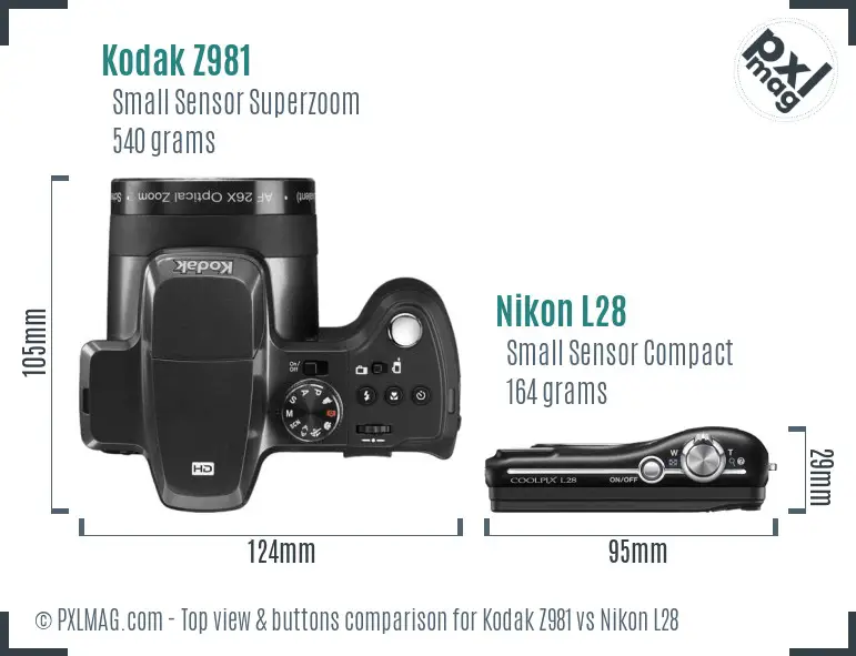 Kodak Z981 vs Nikon L28 top view buttons comparison