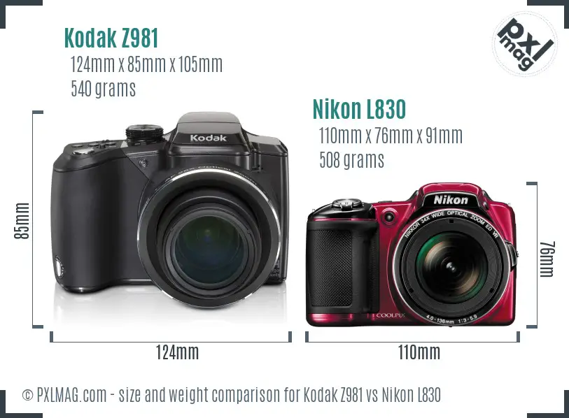 Kodak Z981 vs Nikon L830 size comparison