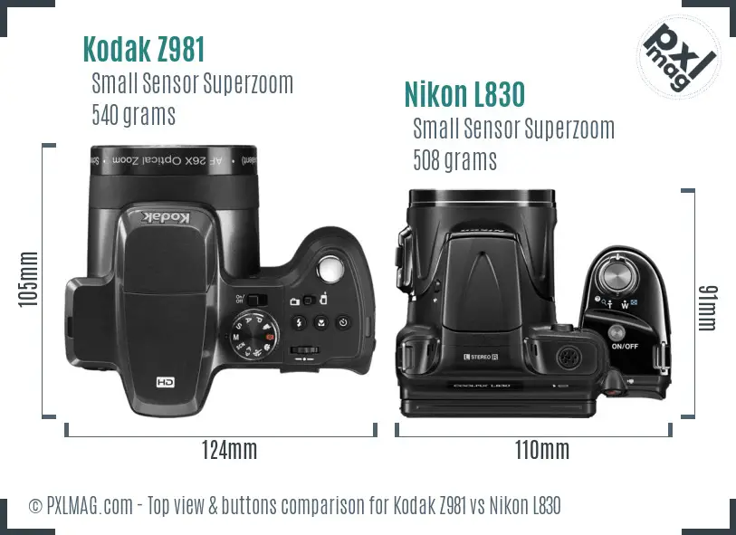 Kodak Z981 vs Nikon L830 top view buttons comparison