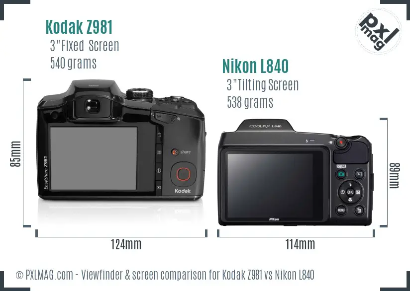 Kodak Z981 vs Nikon L840 Screen and Viewfinder comparison