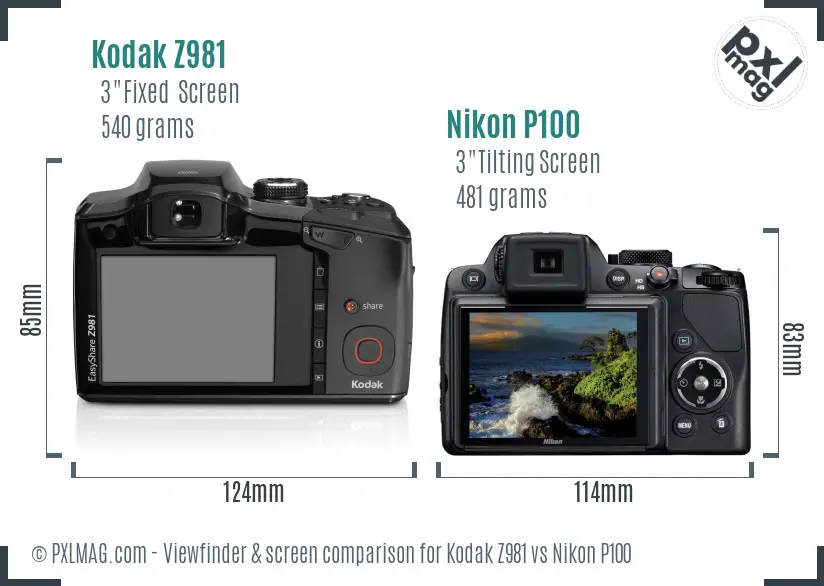 Kodak Z981 vs Nikon P100 Screen and Viewfinder comparison