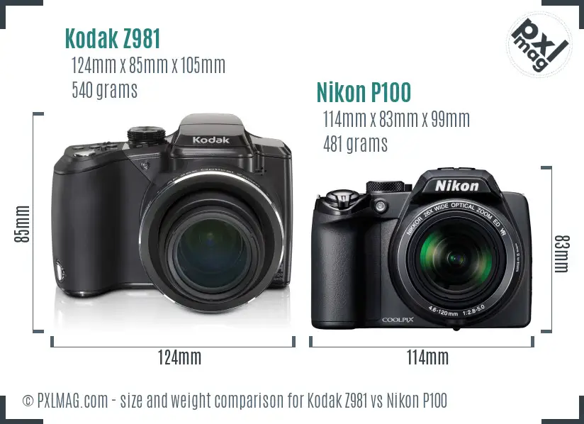 Kodak Z981 vs Nikon P100 size comparison