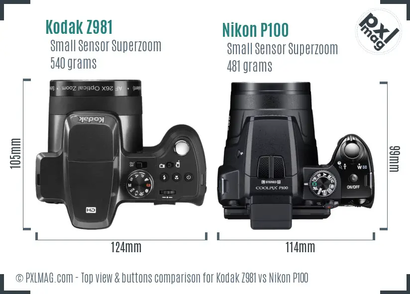 Kodak Z981 vs Nikon P100 top view buttons comparison