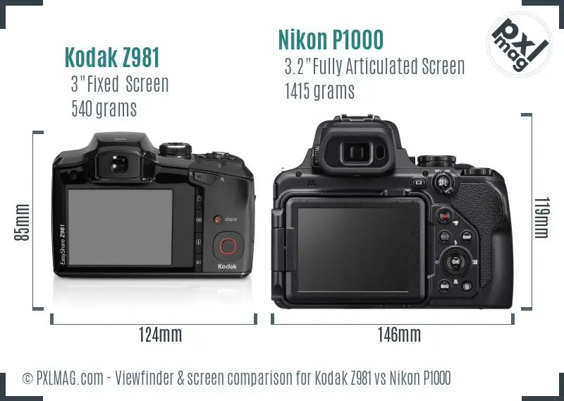Kodak Z981 vs Nikon P1000 Screen and Viewfinder comparison