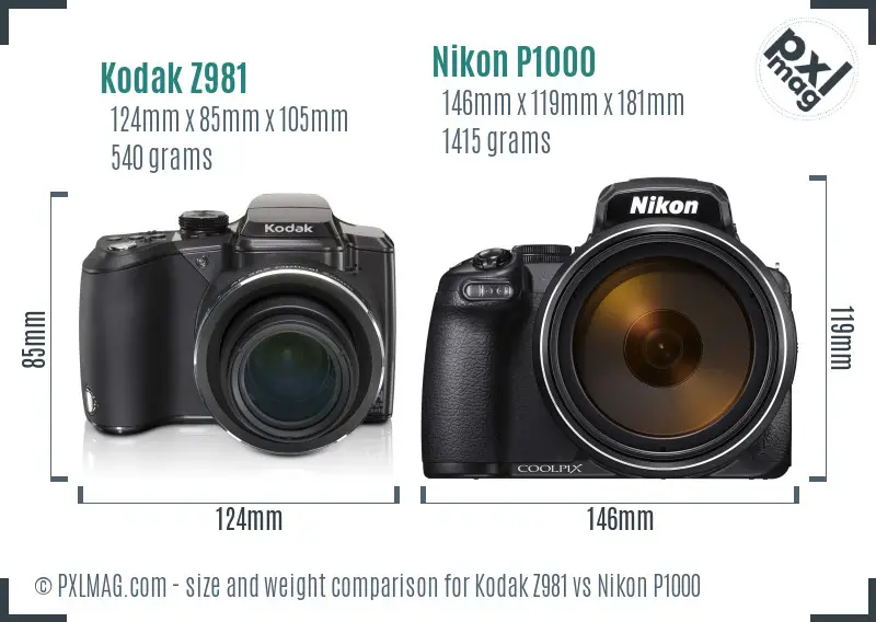 Kodak Z981 vs Nikon P1000 size comparison