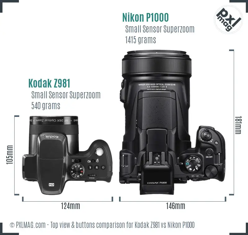 Kodak Z981 vs Nikon P1000 top view buttons comparison