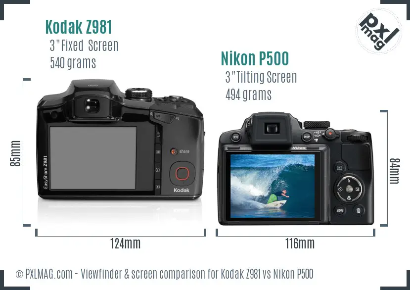 Kodak Z981 vs Nikon P500 Screen and Viewfinder comparison