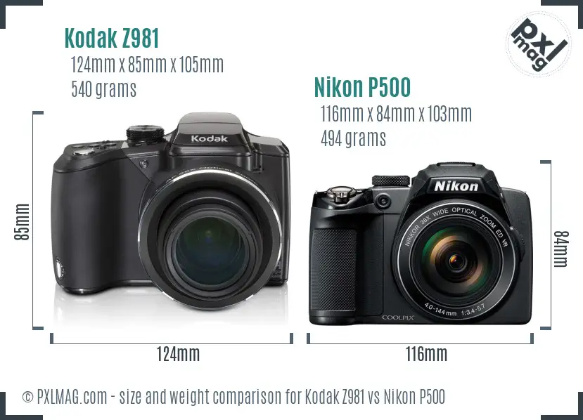 Kodak Z981 vs Nikon P500 size comparison