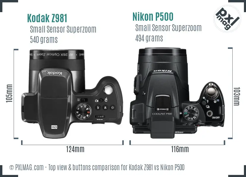 Kodak Z981 vs Nikon P500 top view buttons comparison