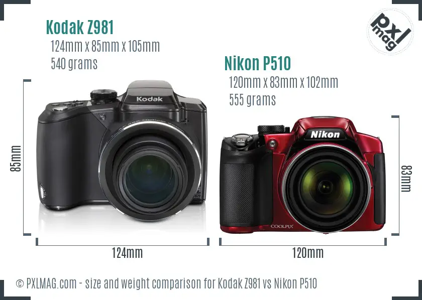 Kodak Z981 vs Nikon P510 size comparison