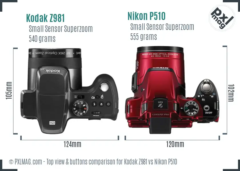 Kodak Z981 vs Nikon P510 top view buttons comparison