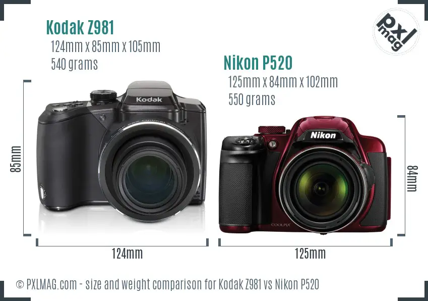 Kodak Z981 vs Nikon P520 size comparison