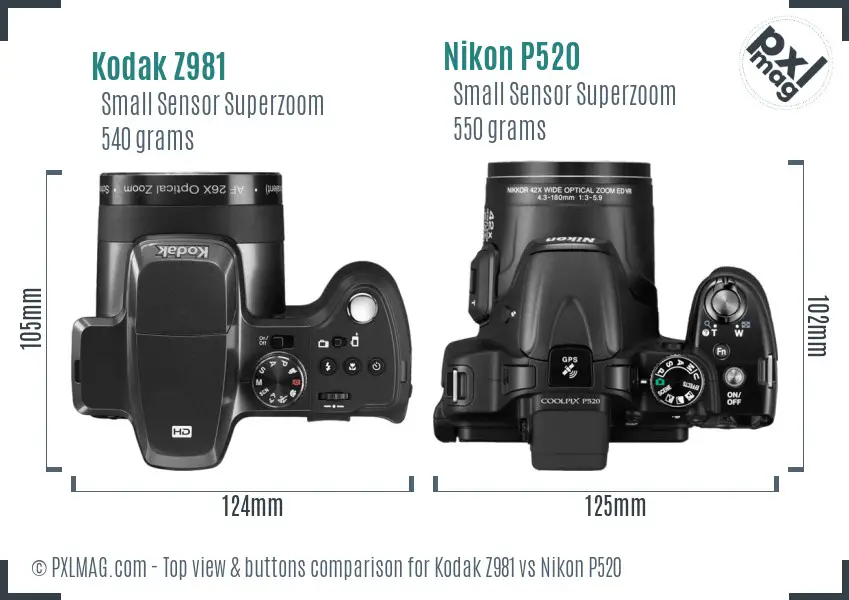 Kodak Z981 vs Nikon P520 top view buttons comparison