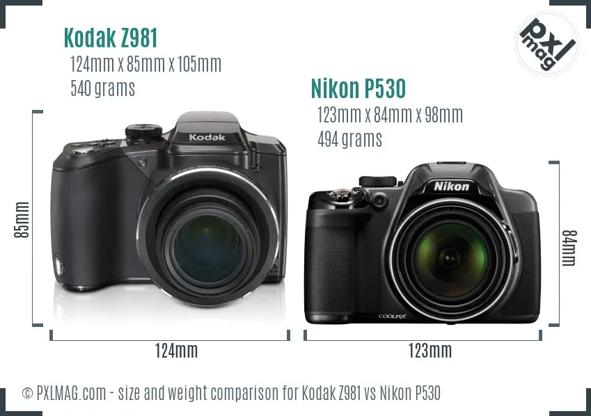 Kodak Z981 vs Nikon P530 size comparison