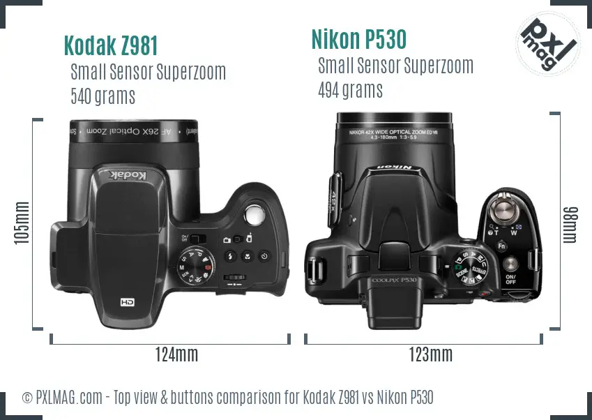 Kodak Z981 vs Nikon P530 top view buttons comparison