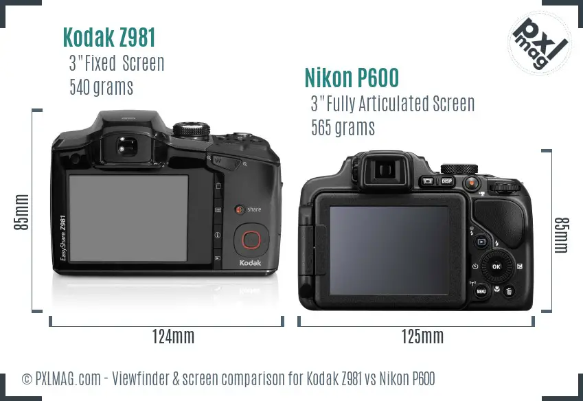 Kodak Z981 vs Nikon P600 Screen and Viewfinder comparison