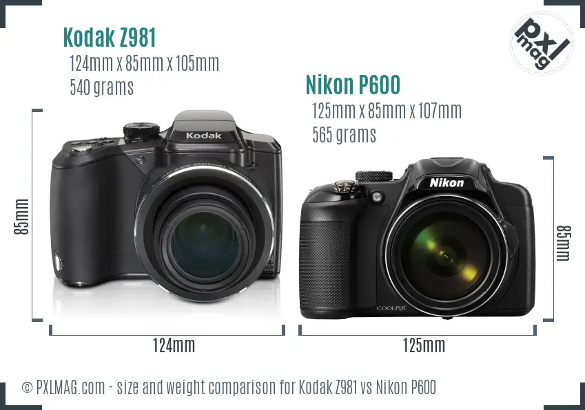 Kodak Z981 vs Nikon P600 size comparison