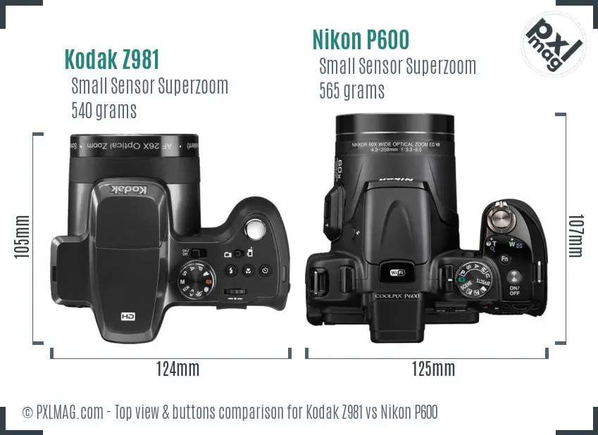 Kodak Z981 vs Nikon P600 top view buttons comparison