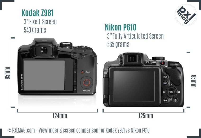 Kodak Z981 vs Nikon P610 Screen and Viewfinder comparison