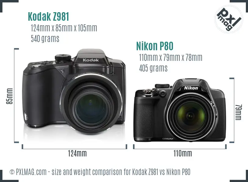 Kodak Z981 vs Nikon P80 size comparison