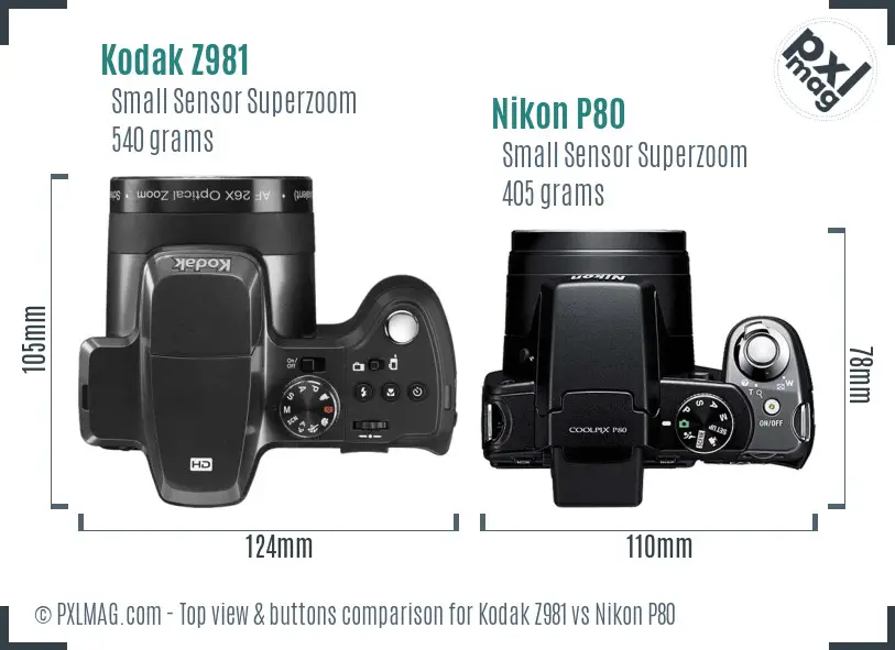 Kodak Z981 vs Nikon P80 top view buttons comparison