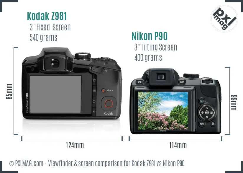 Kodak Z981 vs Nikon P90 Screen and Viewfinder comparison