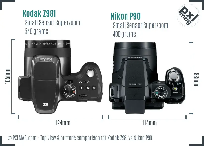 Kodak Z981 vs Nikon P90 top view buttons comparison