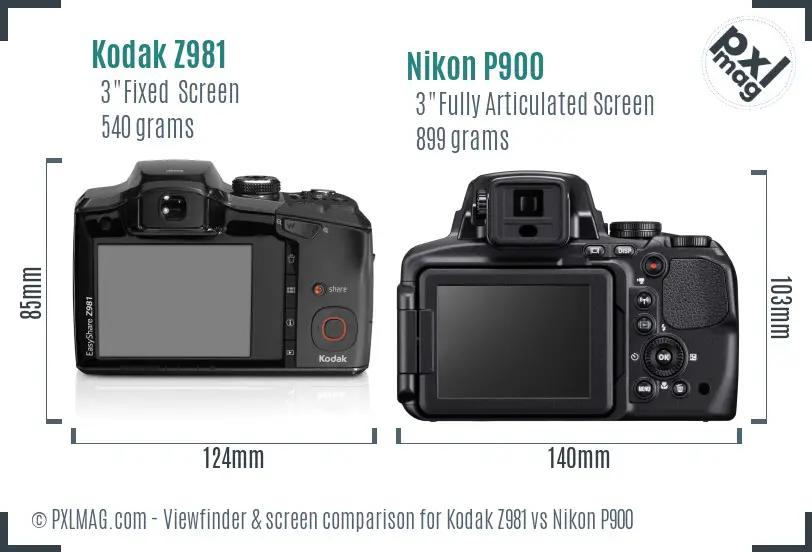 Kodak Z981 vs Nikon P900 Screen and Viewfinder comparison